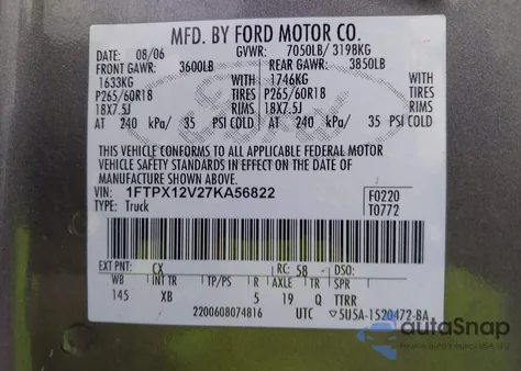 2007 Ford F-150 Lariat/Stx/Xl/Xlt from USA, damaged, VIN 1FTPX12V27KA56822